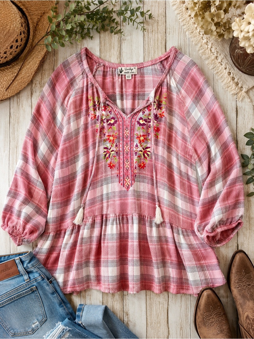 Unity World Wear Boho Cottagecore Plaid Floral Peasant Tunic Top XL Pink F45